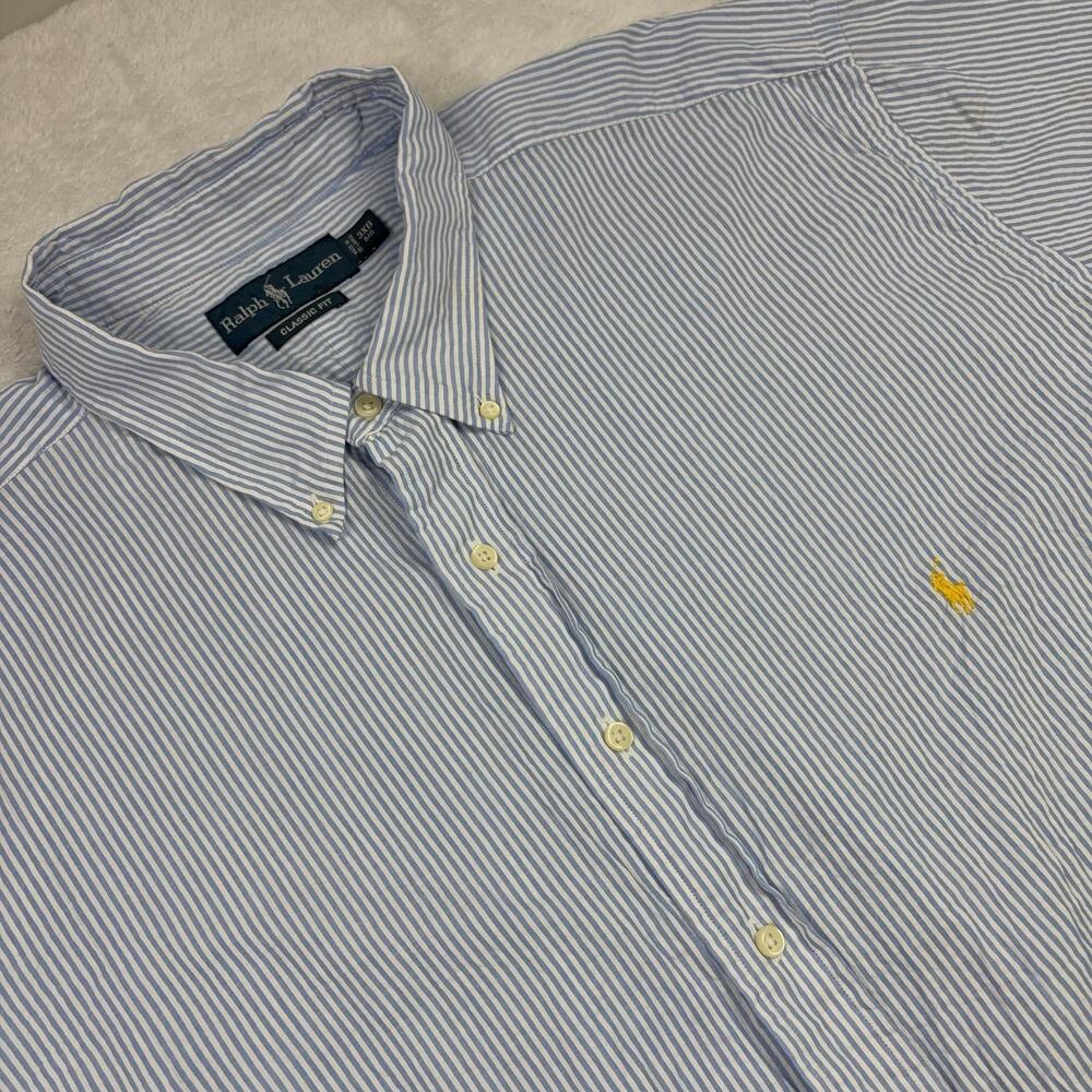 Ralph Lauren Button Up Shirt Men Big 3X Blue Striped Short Sleeve Classic Fit